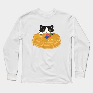 Cute Tuxedo Cat Eating Pancakes Long Sleeve T-Shirt